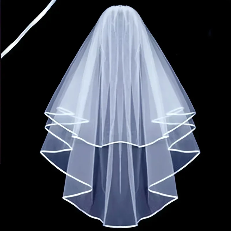 White Ivory Wedding Veil 2 Tier Ribbon Edge Center Cascade Bridal Veil with Comb