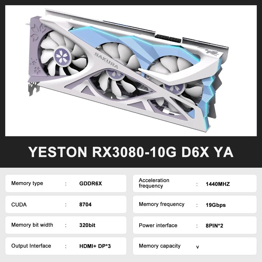 YESTON RTX 3080 10GB D6X YA Graphics Card PCI-E 4.0 X16 320Bit GDDR6X 3DP+HD Video Cards for NVIDIA GeForce RTX3080 10G