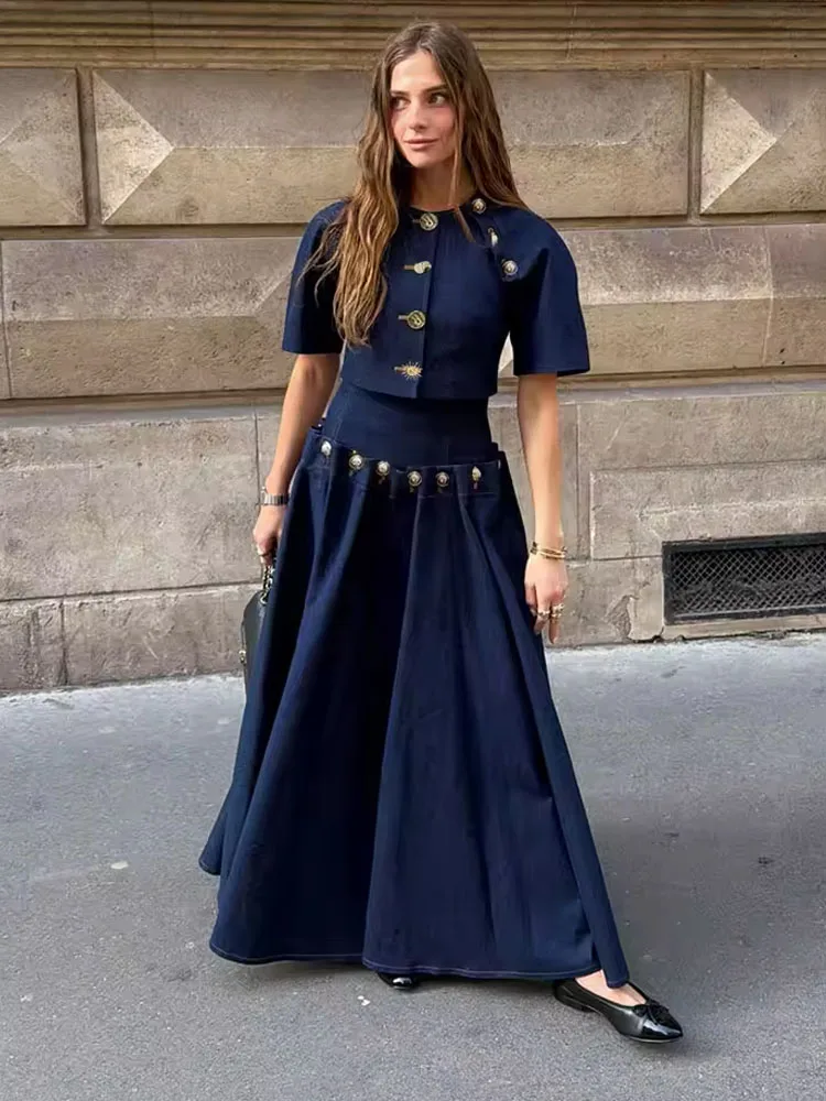Vintage Elegant Denim Top Skirt Set Women's Metal Button Patchwork Half Sleeve Crop Top Bandage A-Line Maxi Skirt Two Piece Suit