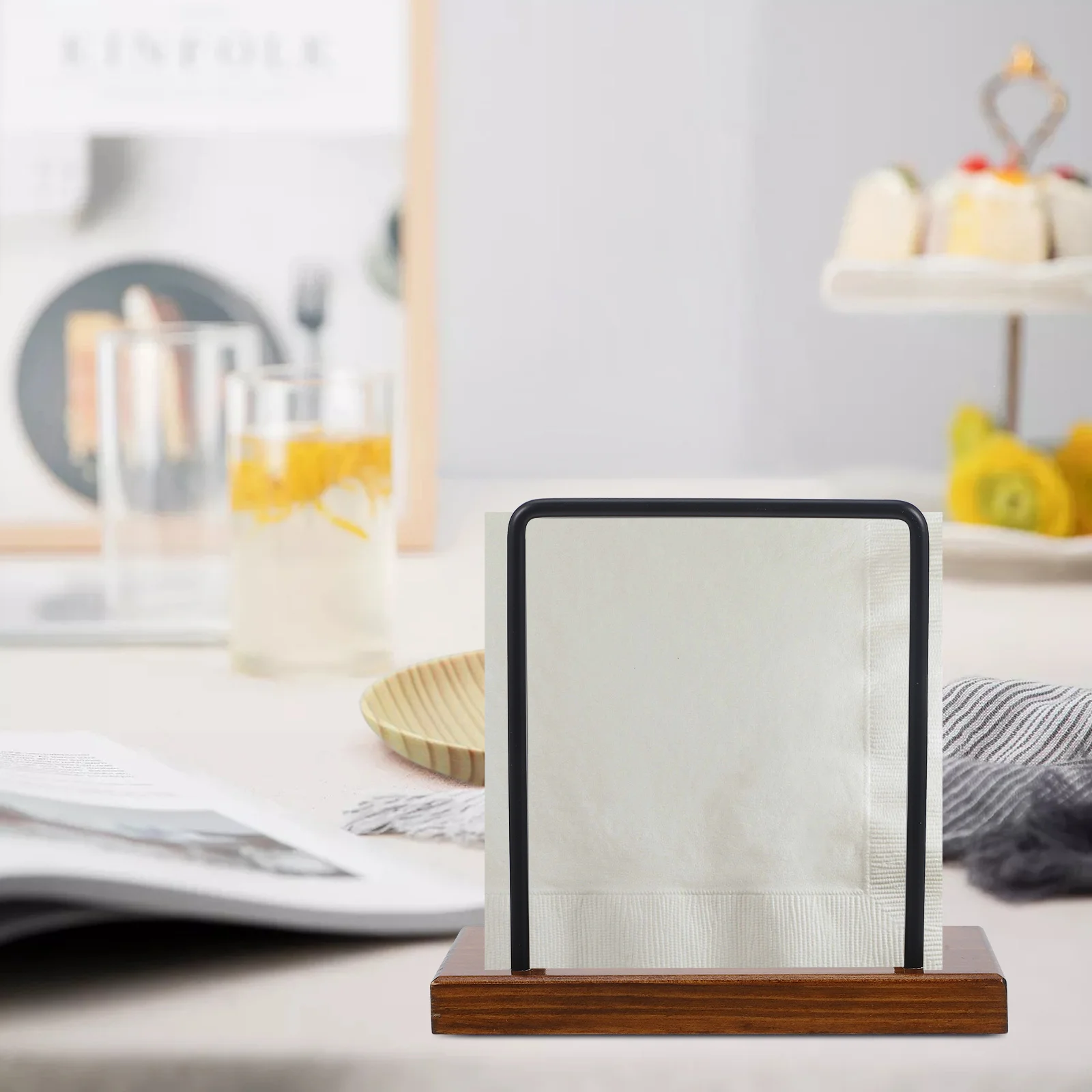 

Rustic Iron Napkin Holder Paper Tissue Dispenser with Wood Base Standing Napkin Organizer for Kitchen Dining Room Table