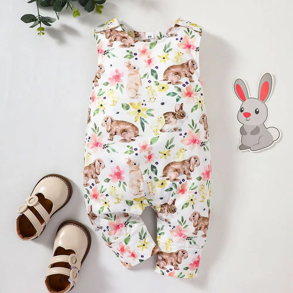 Hey Baby Summer New neonato ragazzi e ragazze Easter Bunny Print tuta intera aperta senza maniche