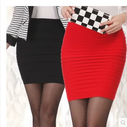 Elastic Pleated Skirt High Waist Bodycon Mini Skirt Business Office Cheap Short Pencil Skirts Solid Color Pink Black Blue Hot