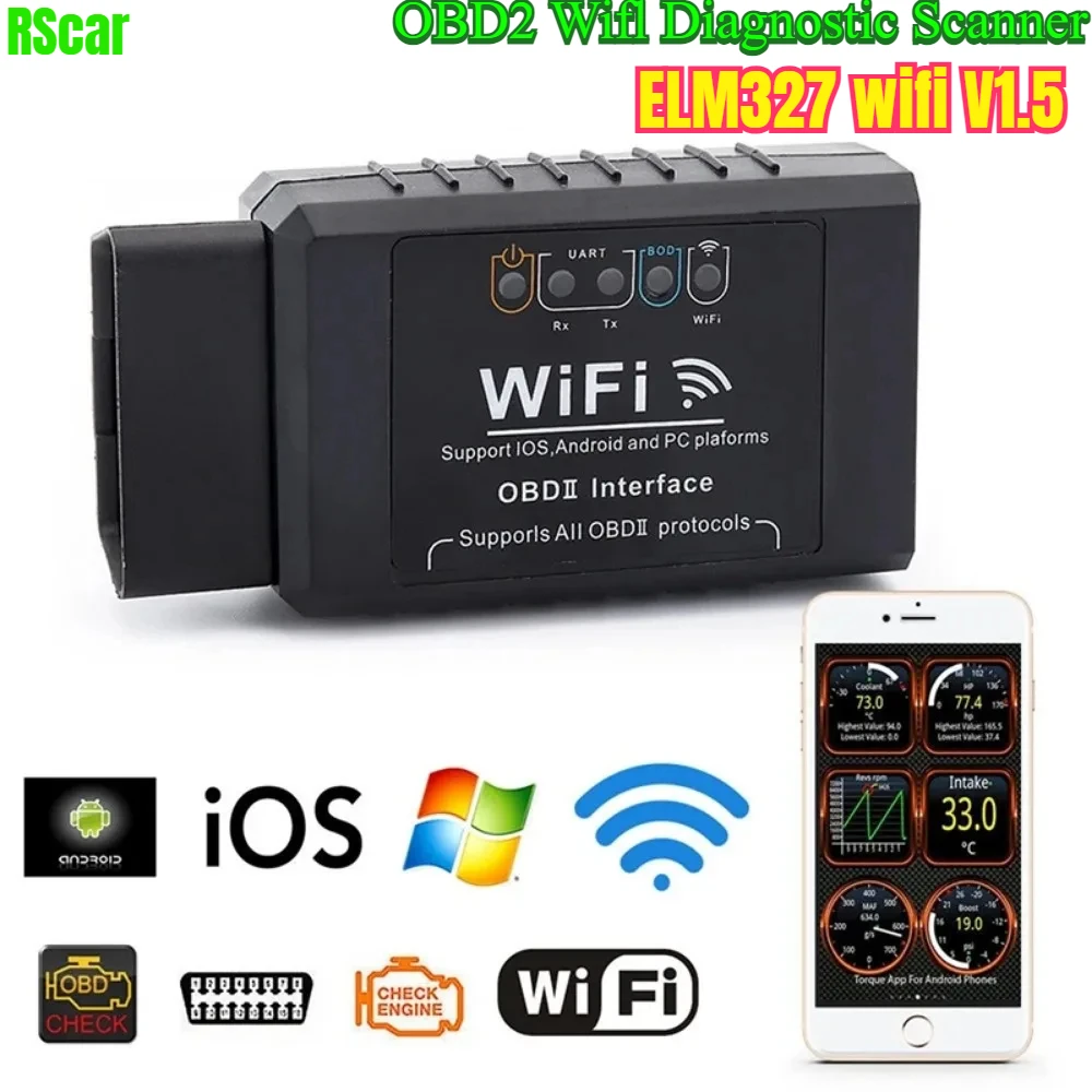

Новый сканер ELM327 WIFI V1.5, считыватель автомобильных кодов OBD2, проверка света двигателя, диагностический инструмент, автомобильный детектор неисправностей для IOS/Android