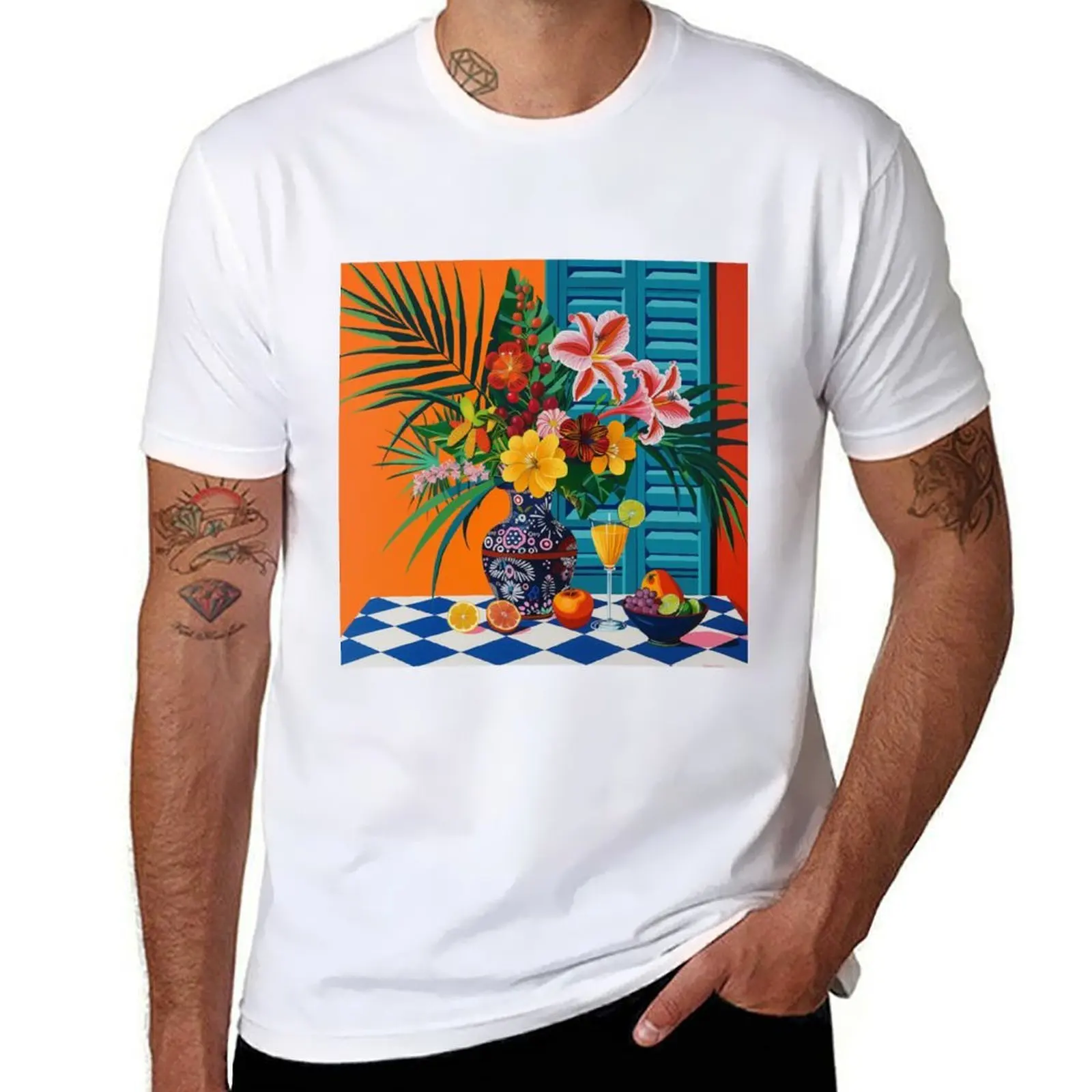 

Colorful still life with flowers and fruit. T-Shirt anime t shirts oversize t shirt man plain t shirts for man slim fit T-Shirt