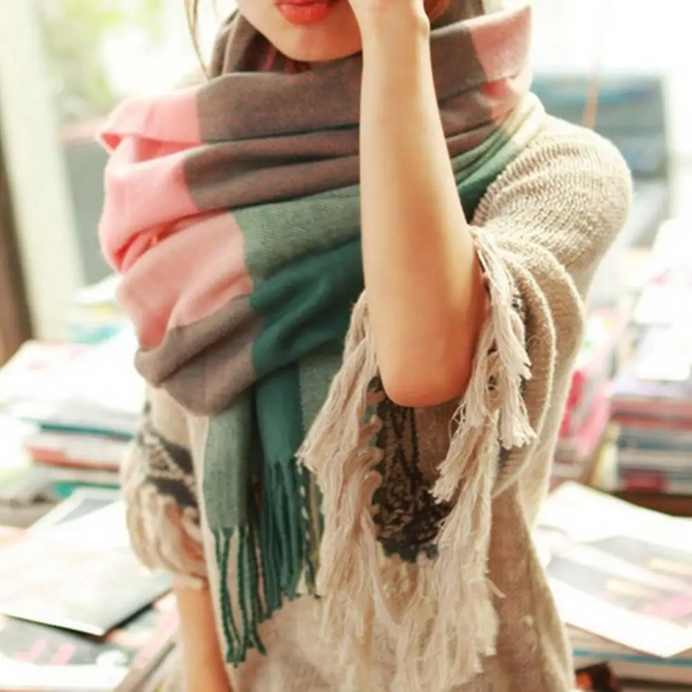 Plaid Scarf Bright Colored Scarf Elegant Winter Shawl Colorful Plaid Print Scarf with Tassel Trim Thick Imitation Cashmere Warm