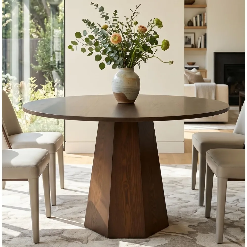 39” Round Solid Wood Dining Table for 4-5 People, Modern Pedestal Small Kitchen Table Circle Tabletop with Walnut Wood G