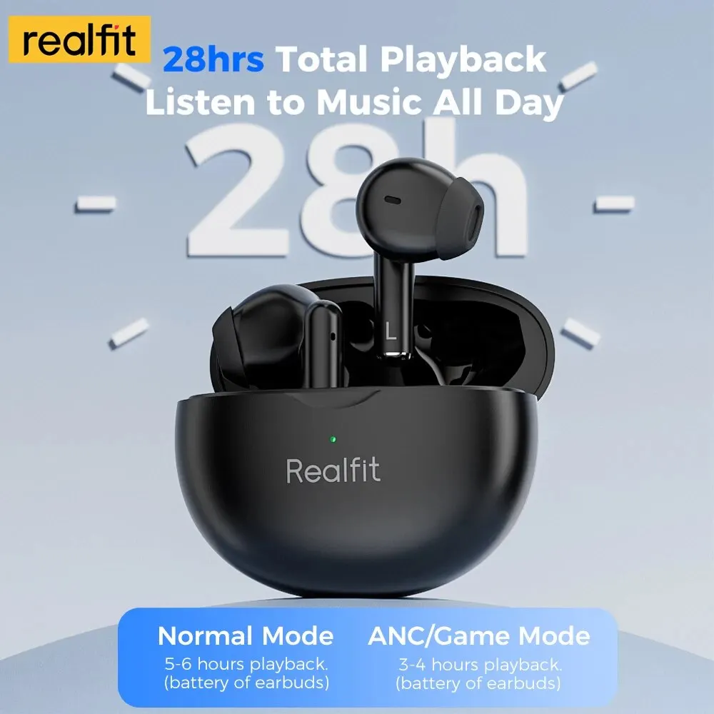 Realfit F2 Pro ANC Earbuds Bluetooth, earphone nirkabel Bass luar biasa Stereo HIFI panggilan ENC pembatalan Noice aktif untuk olahraga dan bermain game