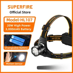 SUPERFIRE HL107 Powerful Headlamp 7 LED Headlight USB C Rechargeable with Built in 18650 Battery Sensor Head Work FlashlighT