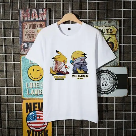 

Pokemon T-shirt 2025 White Cotton Anime Tee Double Pikachu Blue White Outfit Japanese Text Route66 Vintage Sign Oversized