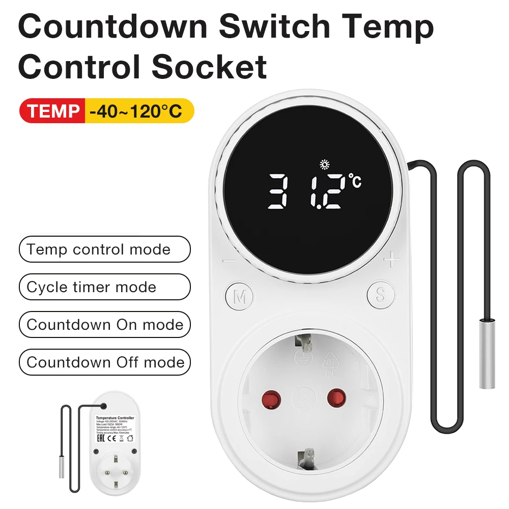 

Digital Thermostat Socket Countdown Timer Switch Temperature Control 16A 230V EU Thermostat with Temperature Sensor Home Outlet