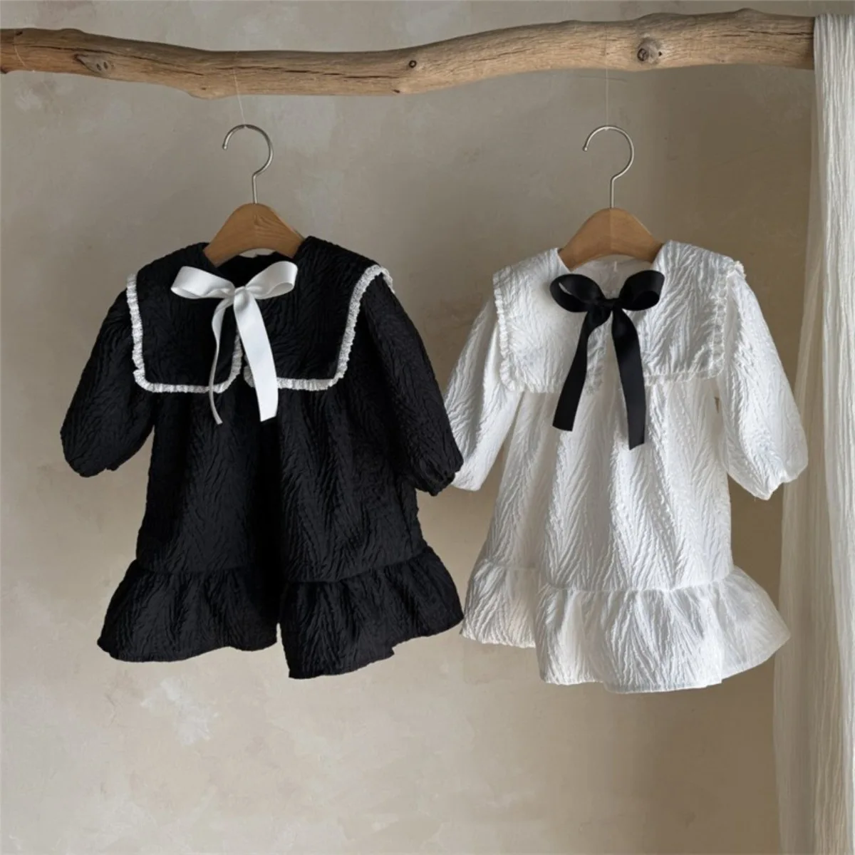 

2025 Autumn New Baby Girl Long Sleeve Dress Girls Cute Large Lapel Bow Princess Dress Cotton Loose Kids Infant Clothes