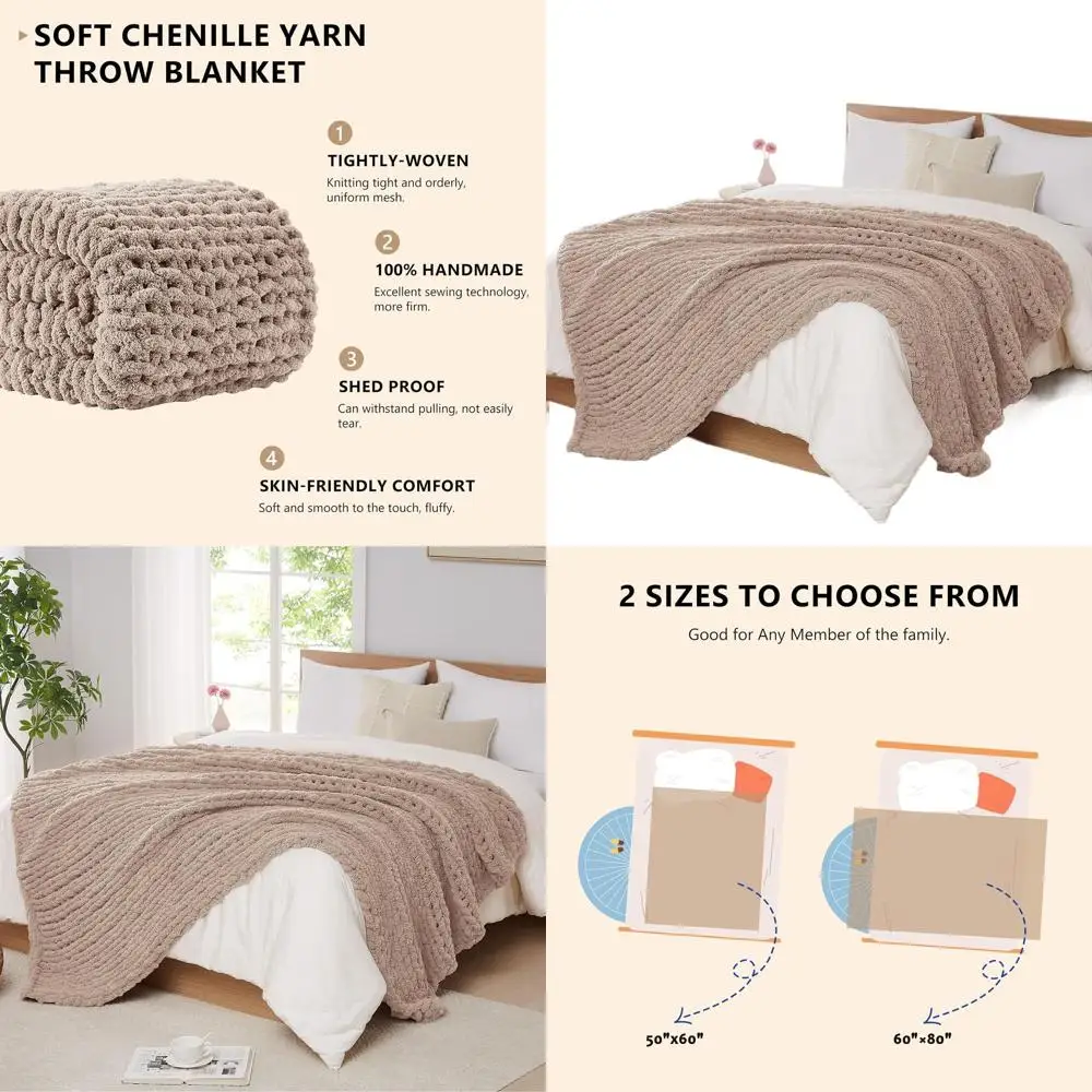

60x80 Large Cable Knit Chenille Throw Blanket for Bed or Couch - Handmade Thick Crochet Rope Style (Light Taupe)