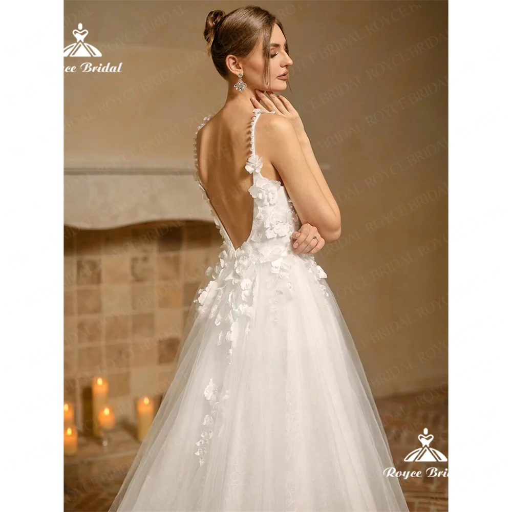 Roycebridal-vestido de novia acampanado con cuello en V, traje de boda con abertura lateral de encaje, corte en tren, 2025