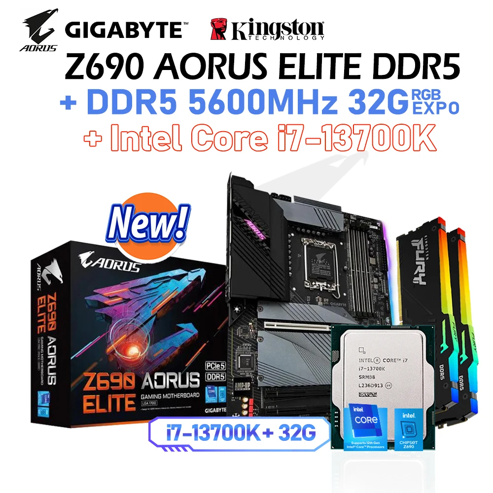 

GIGABYTE LGA 1700 Z690 AORUS ELITE DDR5 Motherboard Kit Intel Core i7-13700K CPU 5600MHz 32G EXPO RGB RAMs Memory PCIe 5.0 M.2