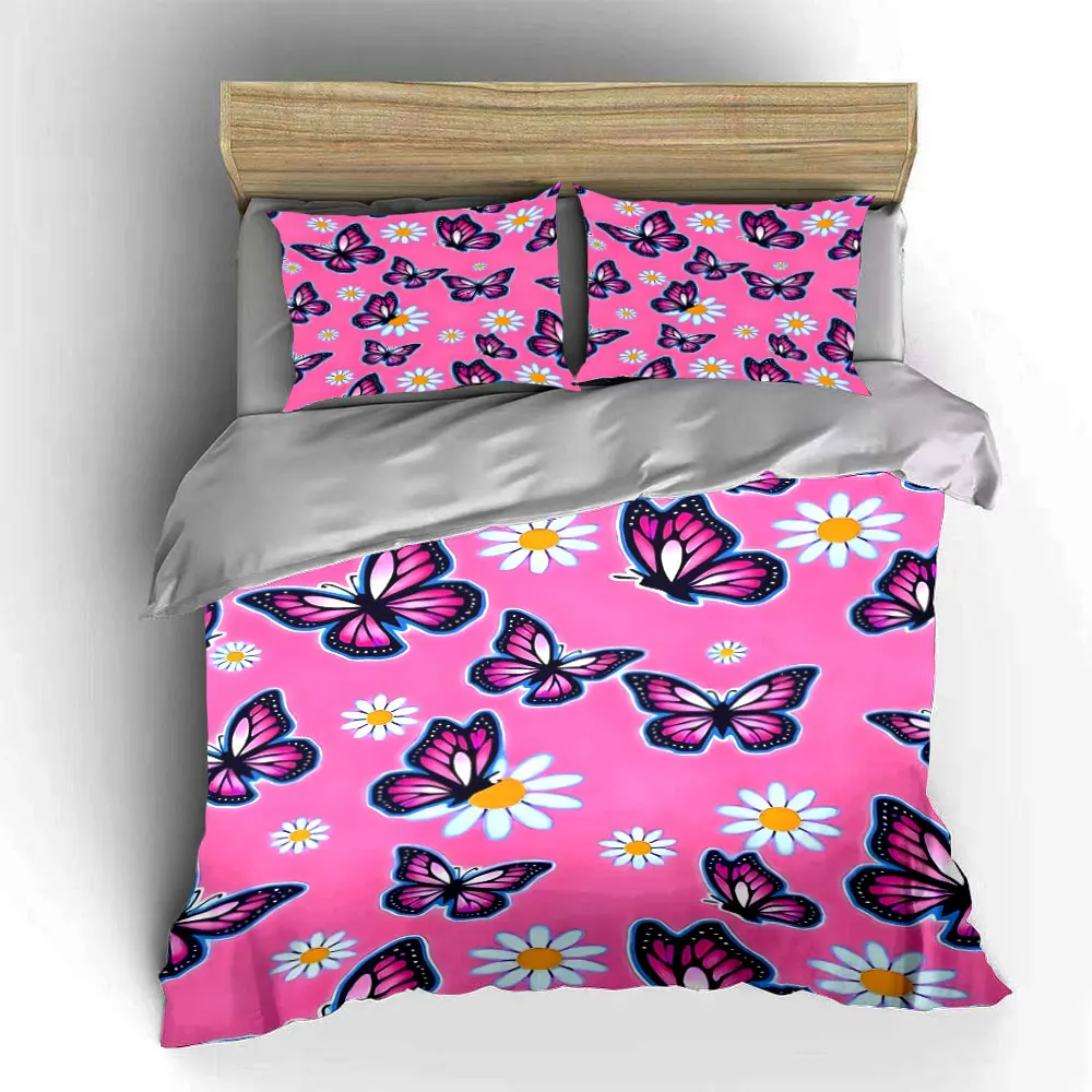 Pink background with butterflies and daisies Printed Duvet Cover Set 1 Duvet Cover+2 Pillowcase Multi Size Bedroom Bedding Decor 5