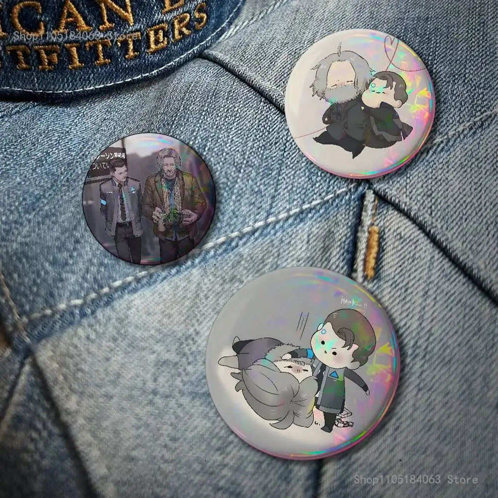 Hank and Connor Hug D-Detroit Laser reflective round badges pins bag clothing decorations collectibles gifts for friends