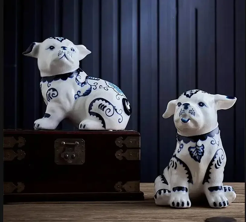 Adorno de perro de cerámica azul y blanco, decoraciones de animales pintadas a mano, artesanía, estatuilla, chuchería, figuritas, regalo, accesorios para el hogar