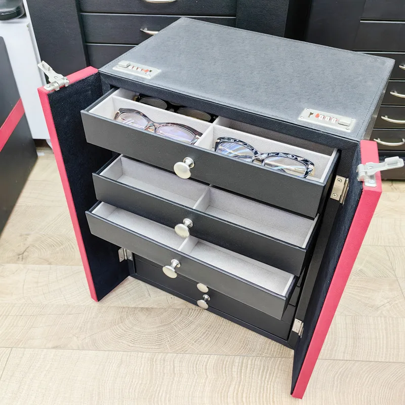 custom.64pcs Red Desktop Sunglasses Display Rack Cabinet with Lock Eyewear Storage Box Convenient Organization