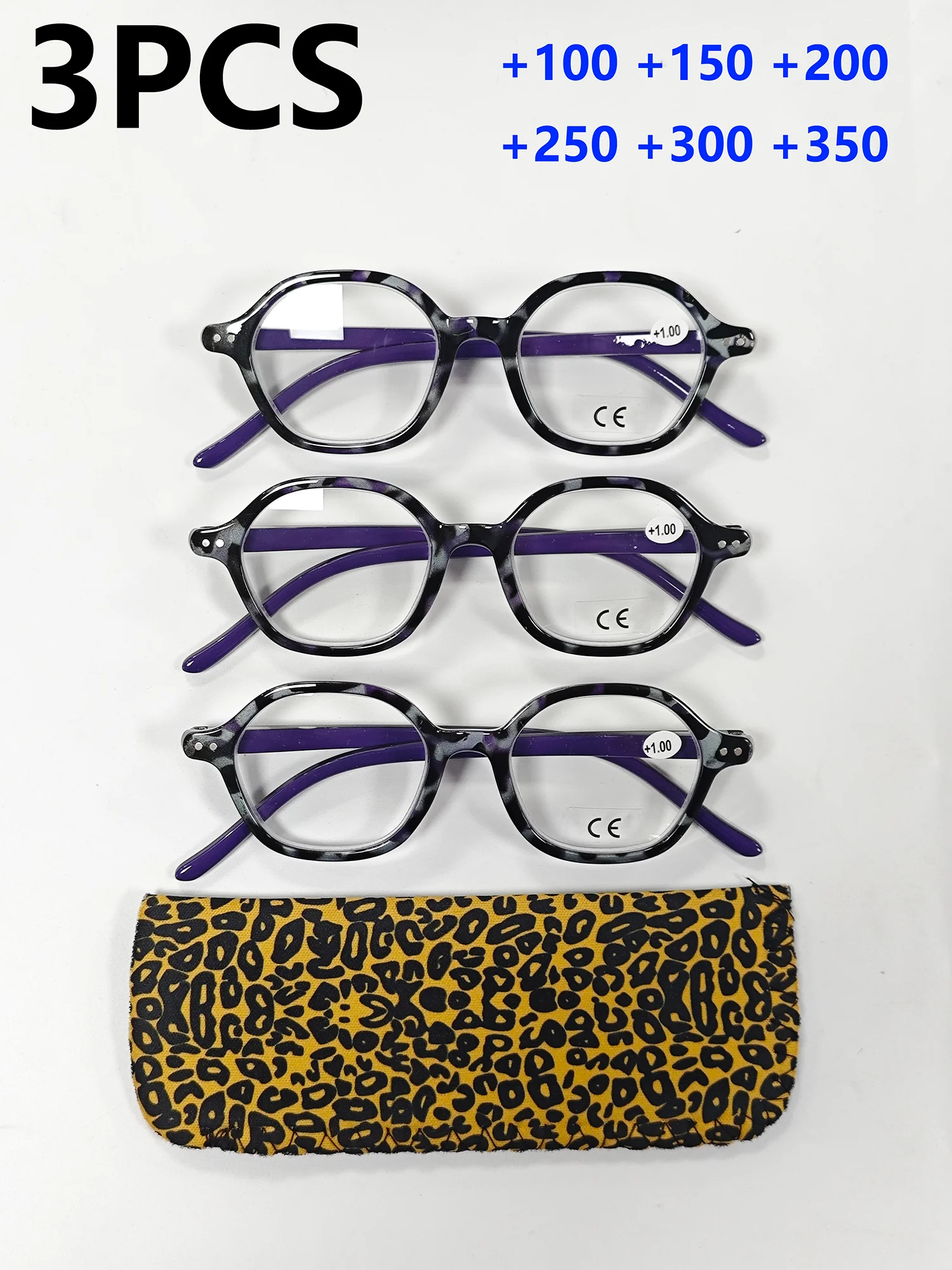 3-teilige Lesebrille mit rundem Rahmen, schwarzem Schildpattmuster und Federscharnieren, leichtes Design