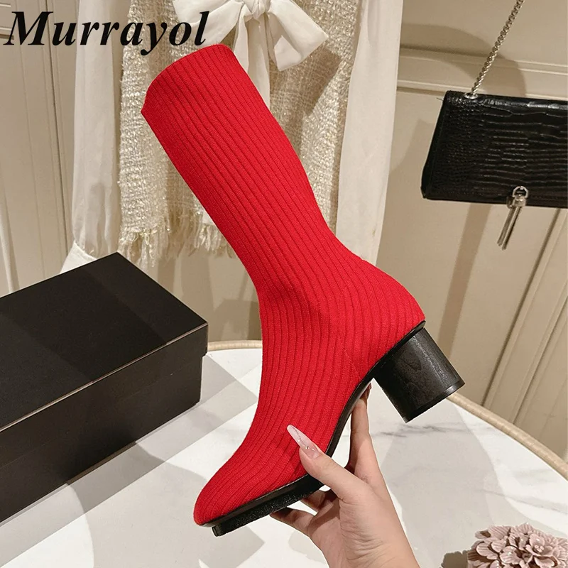 

Square Toe knitting Elastic Force Mid-Calf Boots Women Solid Color Low Heels Socks Boots Autumn Winter Fashion Short Boats