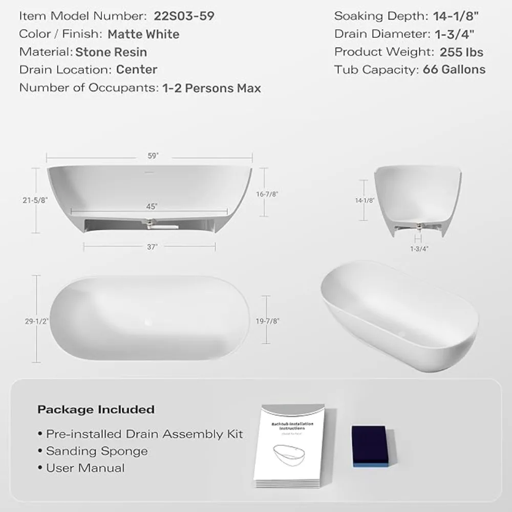 Bathtub, 59 in, Oval Solid Surface, Freestanding Soaking Tub with Integrated Slotted Overflow and Drain, Freestanding Tub