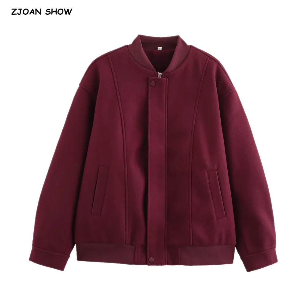 Autumn Winter Wine Red Spliced Rib V neck Jacket Women Front Zipper Full Sleeve Oversized Pilot Coat Bomber Outerwear