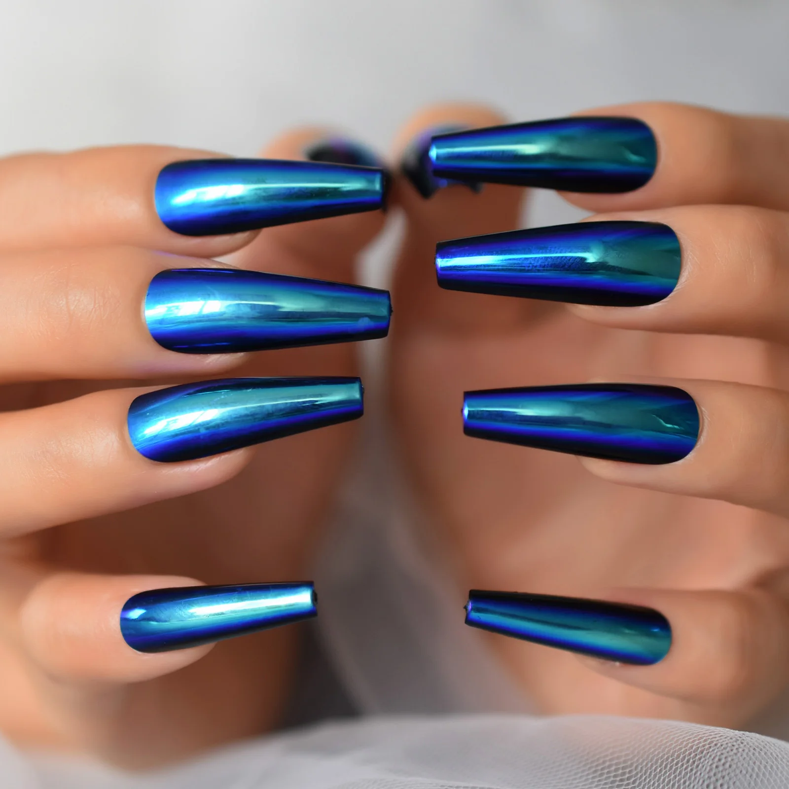 Chrome Metallic Fake Nails Set Mirror Extra Long Press On Nails Coffin Ballerina Blue Acrylic False Nail Art Tips For Women