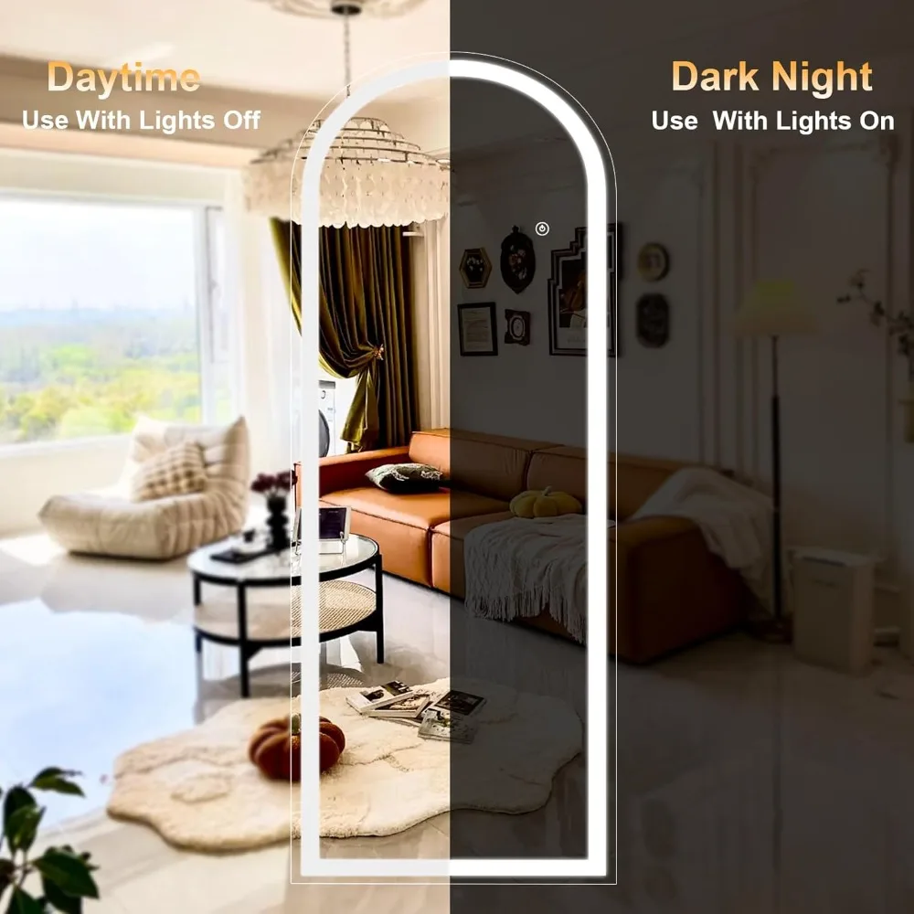 Espelho de comprimento total com arco branco LED de brilho ajustável, controles de tela sensível ao toque, parede ou independente, 21 x 64, ideal para Bedro