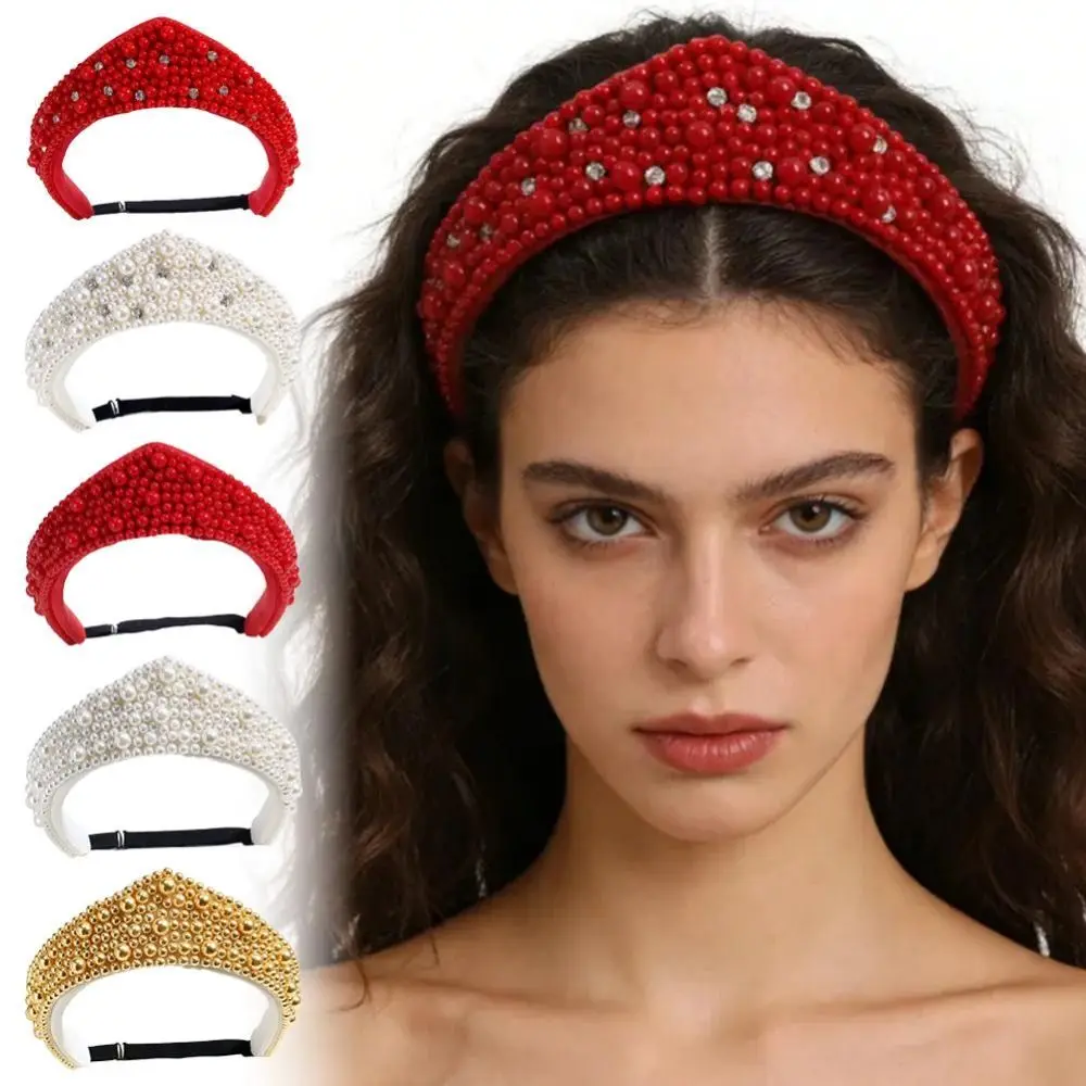 Fashion Elastic Straps Pearl Headband Rhinestone Triangle Shape Rhinestone Hair Band Elegant Wide Edge Bridal Hair Hoop Party