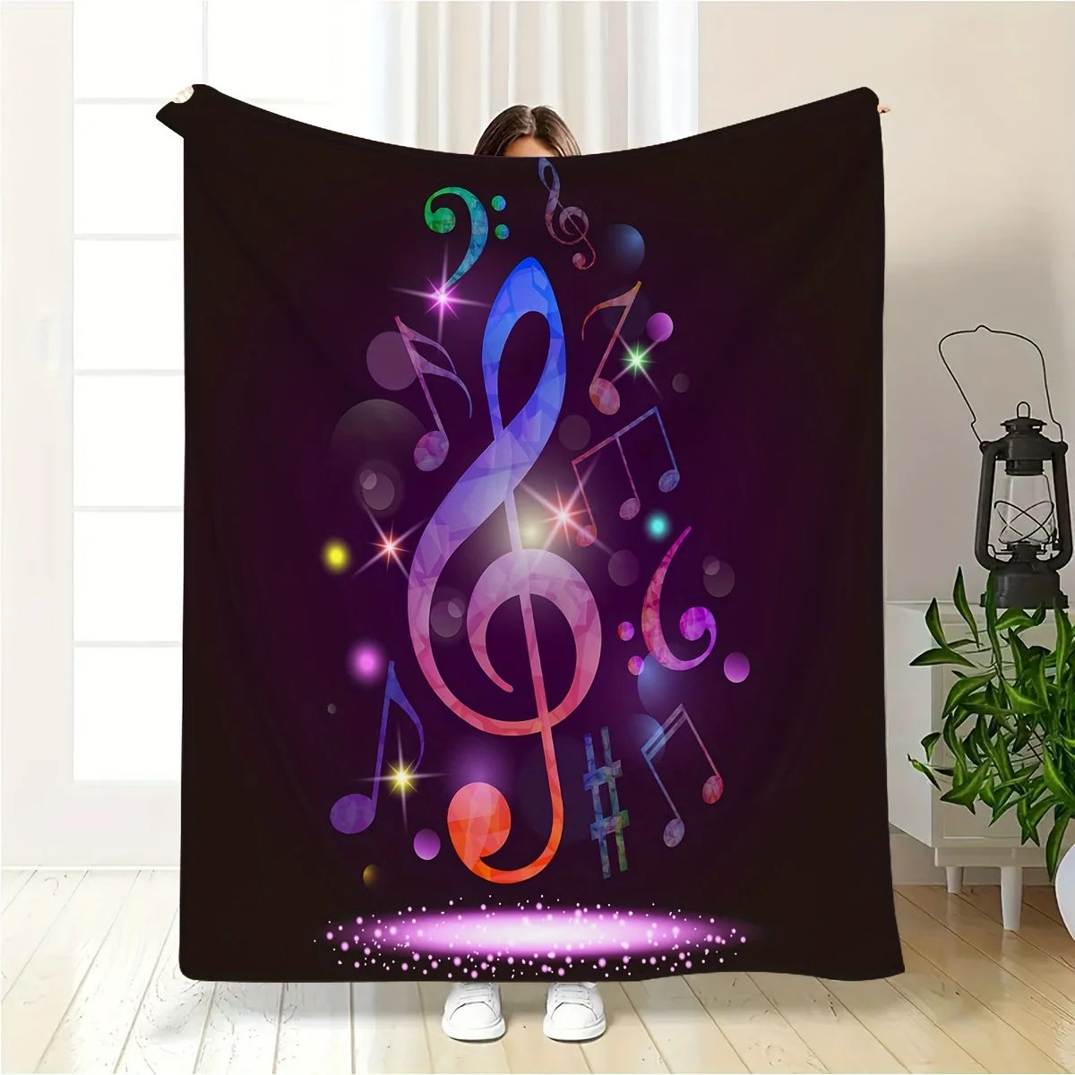 1pc Creative Music Note Blanket - Soft Flannel All-Season Throw with Vibrant Treble Clef & Star Design, Machine Washable for Cam