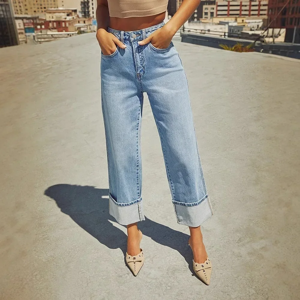 Jeans Wanita 2024 Celana Lurus Melar Musim Gugur Celana Panjang Pergelangan Kaki Denim Tertekan Antik Pinggang Tinggi Saku Celana Denim Kasual