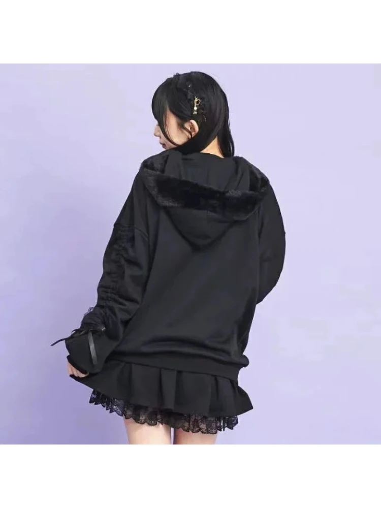 

Осенняя новая однотонная куртка SC Pom-Pom на молнии для милых девочек, универсальный кардиган с бантом и кружевом в стиле пэчворк, с бантом, пушистое пальто-кардиган с капюшоном