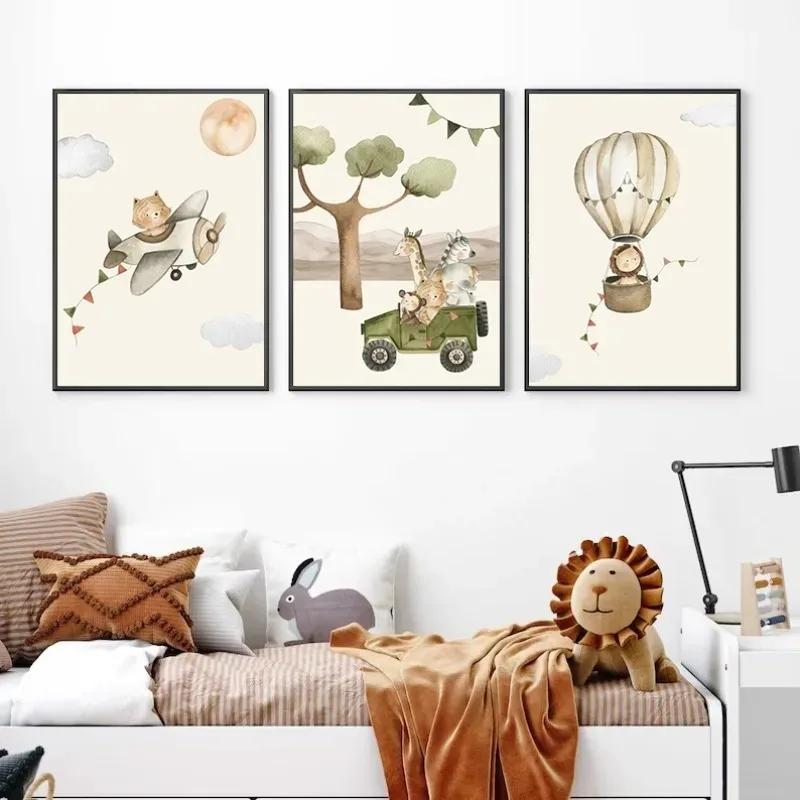 Watercolor Safari Adventure Animals Hot Air Balloon Airplane Cartoon Nursery Poster Canvas Painting Wall Pictures Home Decor