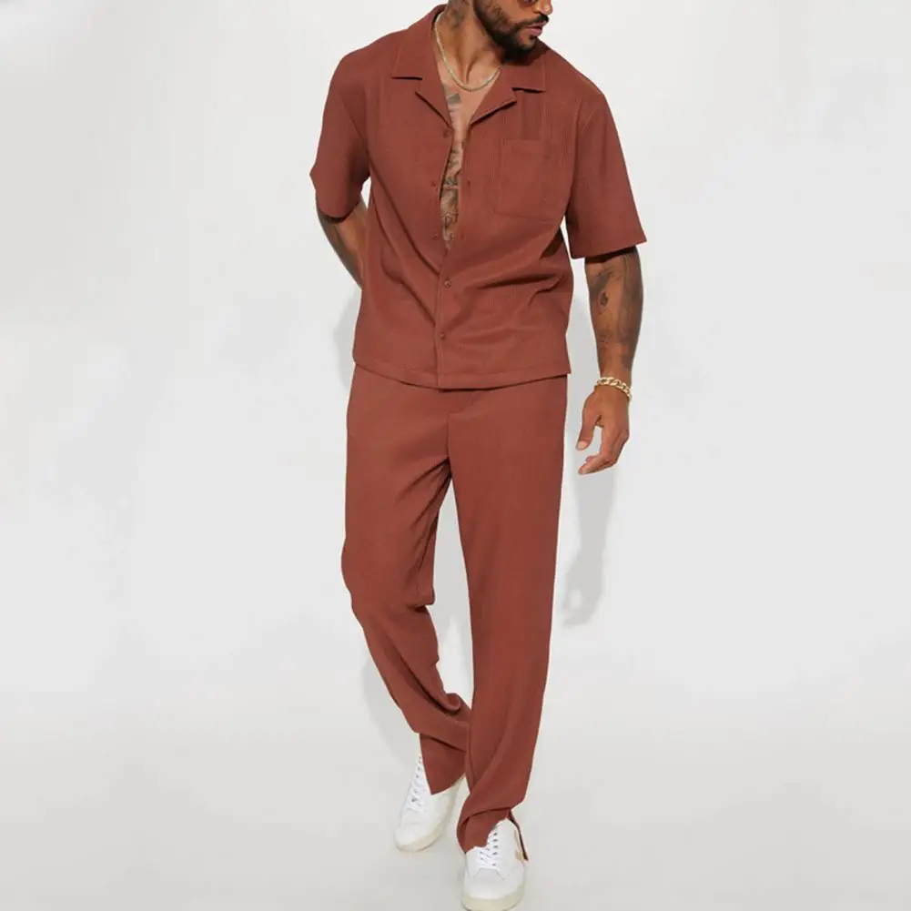 2Pcs Regular Style Cotton Suit Men Outfit Lapel Short Sleeve Single Breasted Shirt Elastic Waist Long Pants Set Men Clothing Set