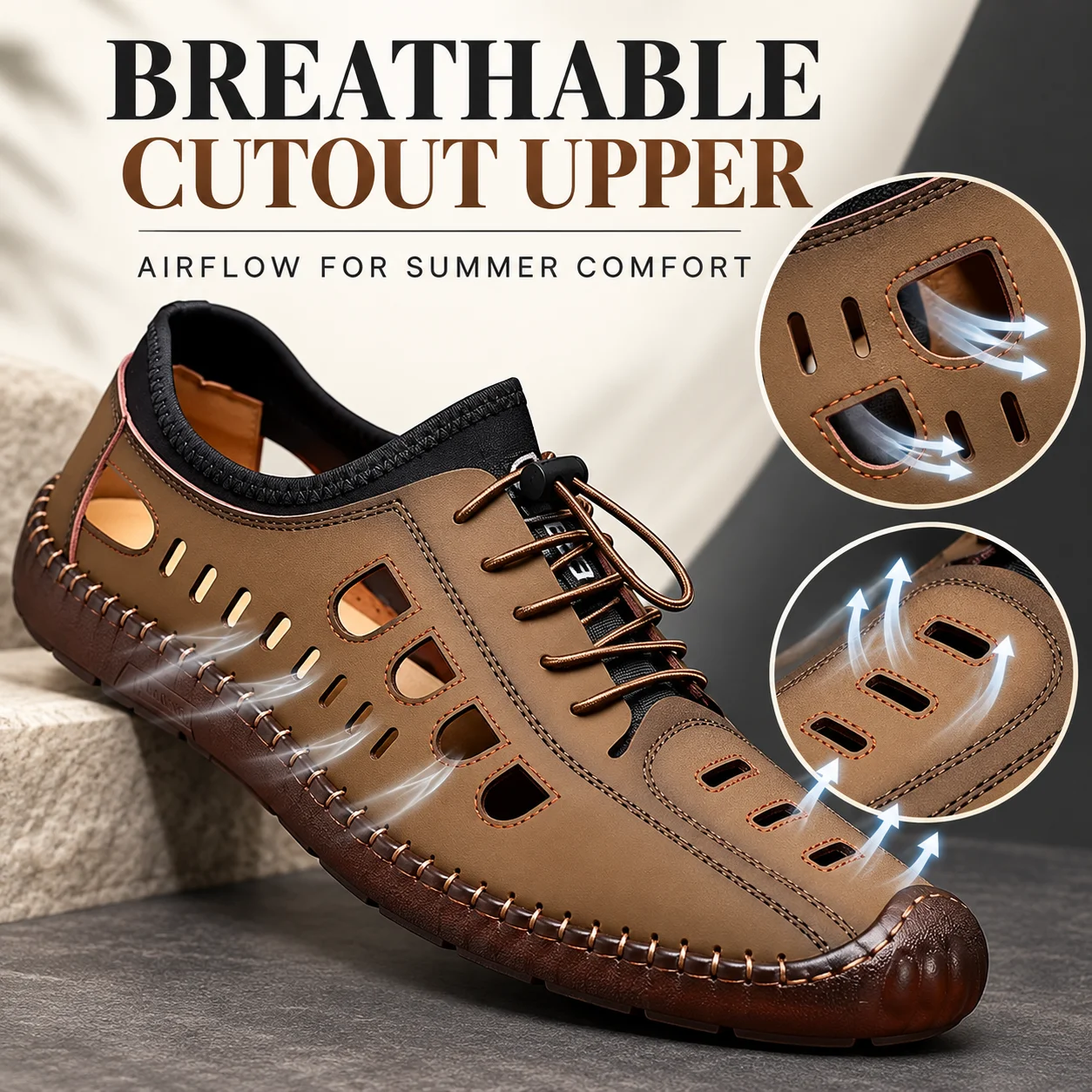 1. Men's Leather Casual Shoes Summer Hollow Sandals Breathable Soft Rubber Sole Hand Stitched Work Oxfords Footwear Sandalias