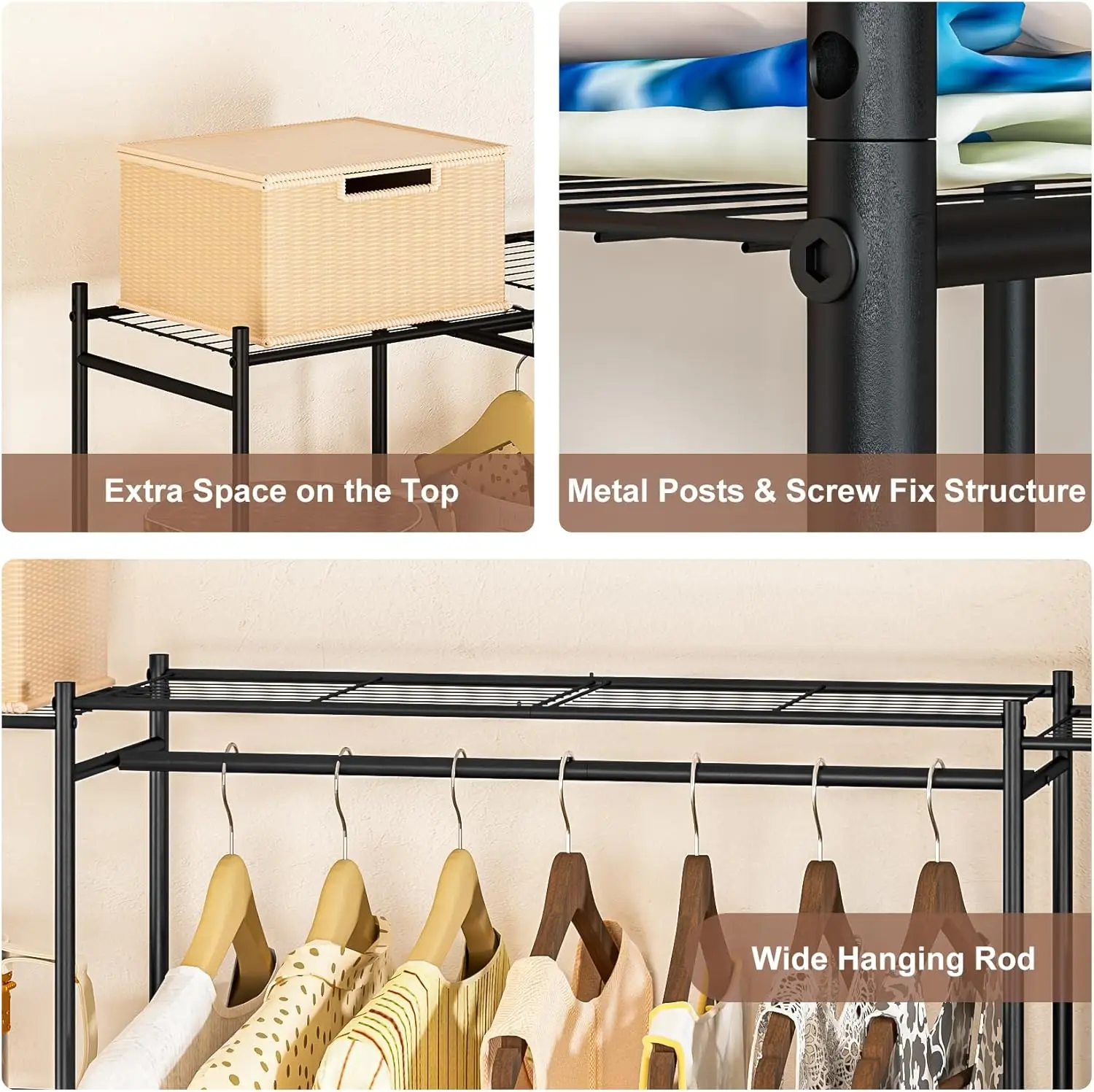 Portable Closet Wardrobe, Metal Clothing Rack with 8 Shelves & 1 Hang Rod, Free Standing Closet Rack for Hanging Clothes