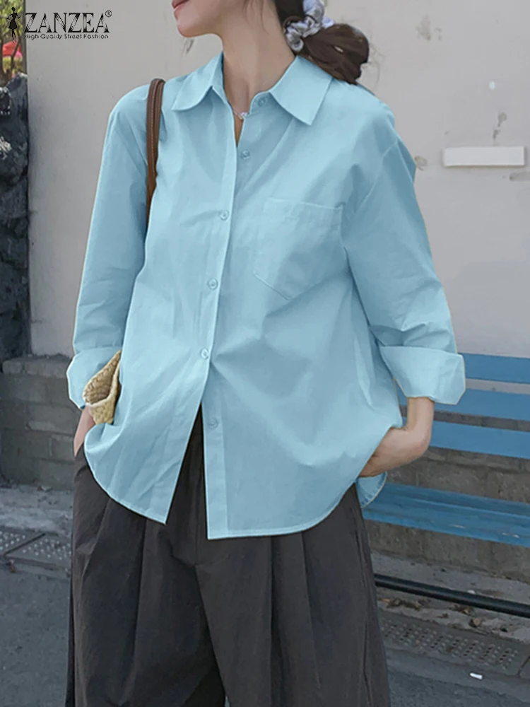 Zanzea outono moda camisas femininas sólida ol blusa de trabalho botões casuais blusas 2025 elegante lapela pescoço manga longa topos oversize