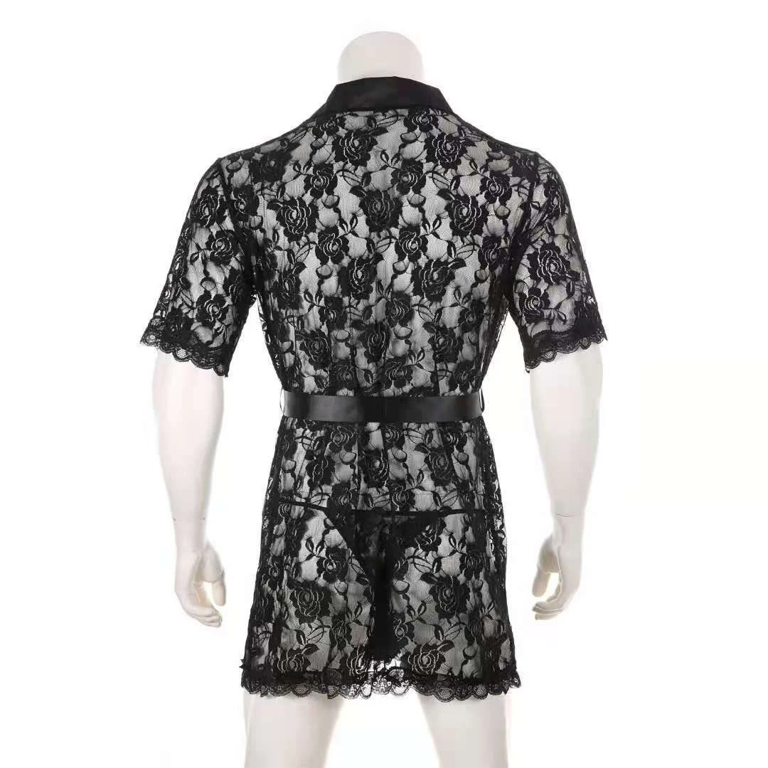 

Sexy Mesh Men Robes Lace See Through Bathrobes Erotic Nightgown Transparent thong T-back G-String Homewear Set