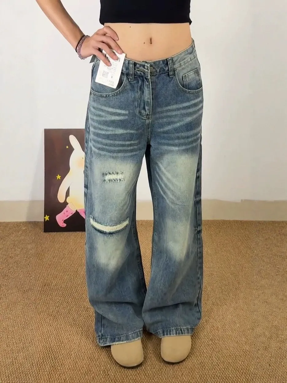 High Waist Loose Fit Blue Washed Ripped Denim Jeans Women's Casual Straight Leg Wide Leg Long Pants Big Size Comfortable Jeans