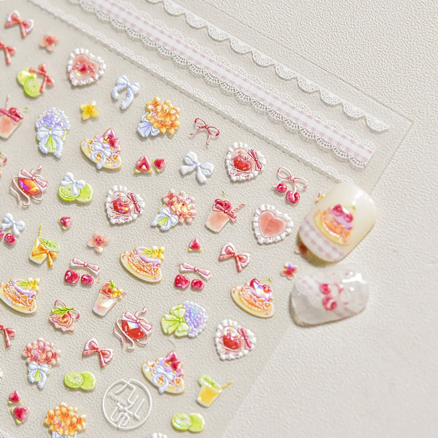 Pudín rosa cereza Bowknot en forma de corazón estrella garra impresión dulce autoadhesivo 5D decoración de uñas pegatina manicura calcomanía DIY