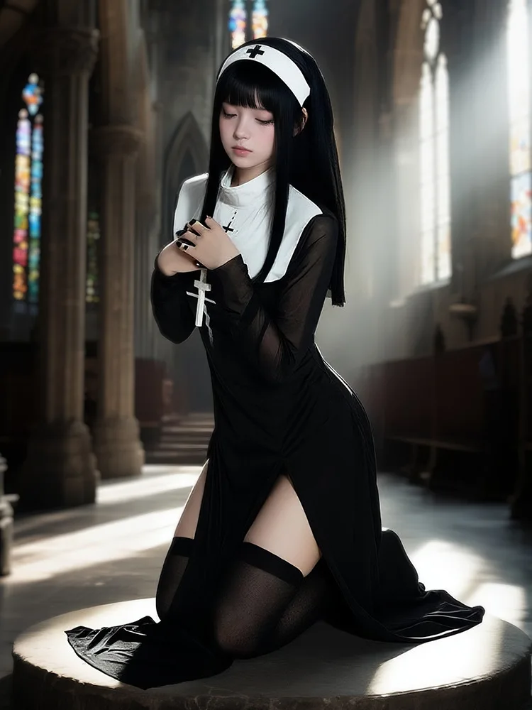 

2025 комплекты сексуальных костюмов черной монахини для взрослых — карнавальные платья на Хэллоуин и косплей с головным убором — соблазнительный наряд для ролевых игр