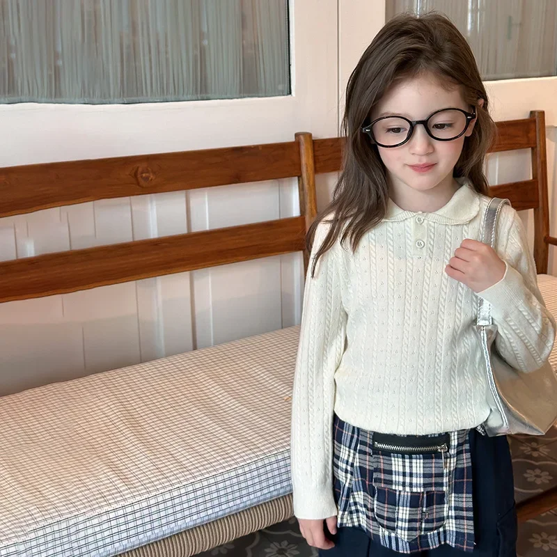 Girls Sweater 2026 Autumn New Children's Clothing Korean Style Girls Baby Fashion Lapel Twisted Sweater Casual Simple All Match