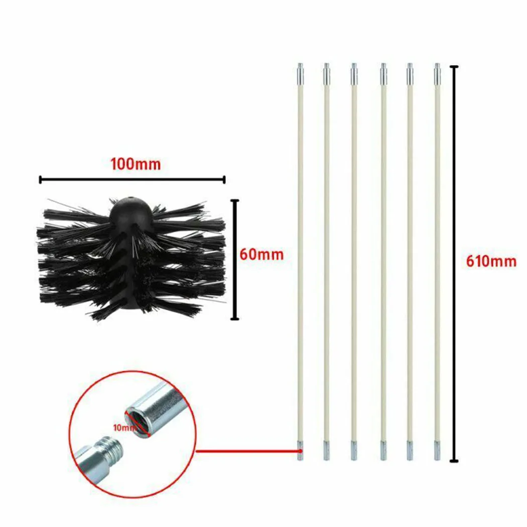 Chimney Brush Accessories100/150mm Brush Head 610mm Pole Rod Chimney Dryer Pipe Fireplace Inner Wall Roof Cleaning Tools