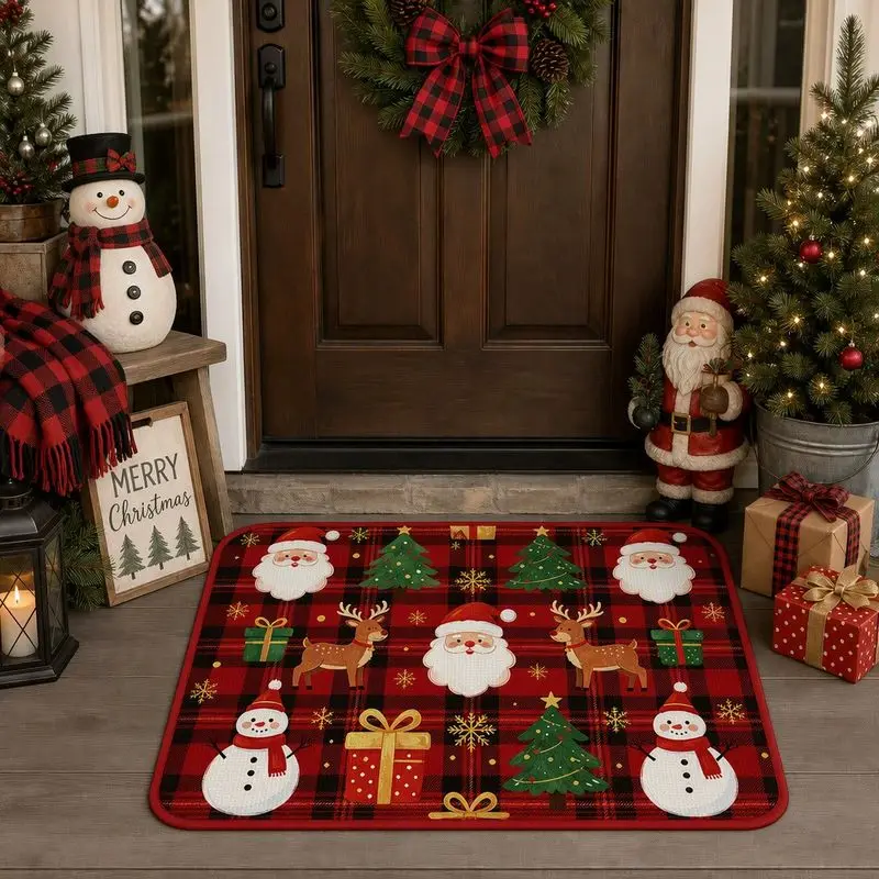 VIKAMA Red Buffalo Check Kris Kringle Snow Figure Reindeer Yule Welcome Mat Festive Salutations Floor Padding Grip Backed Decor