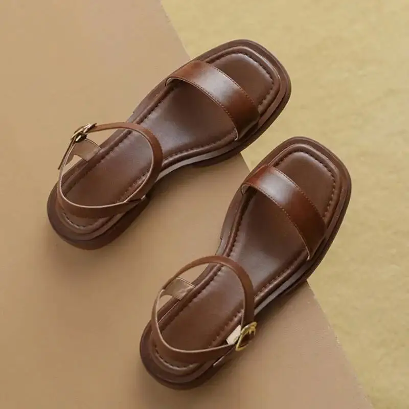 

Summer Women's Luxury Leather Fashion Square Open Toe Strap Comfortable Block Heel Platform Sandals