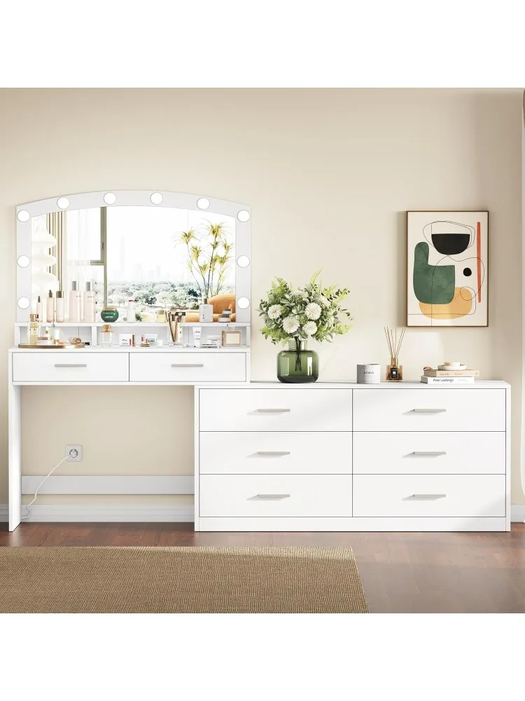 Vanity Desk with Large Mirror and 3-Color Lights, Makeup Vanity with 8 Drawers & Open Shelf, Side Cabinet with Width Adjustable