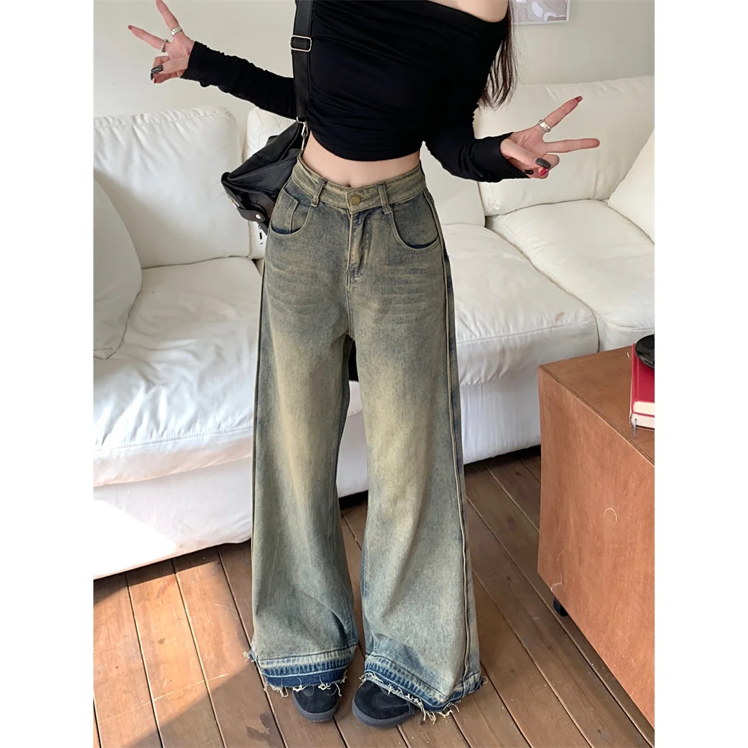 American Retro Wide-leg Jeans Women's Autumn and Winter High Waist Design with Rough Edges Mopping The Floor Pants