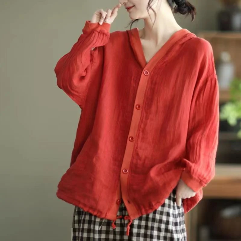 

Длинный открытый кардиган из хлопка и льна в стиле ретро, женский осенний новый свободный топ больших размеров с капюшоном и цветным солнцезащитным кремом irt