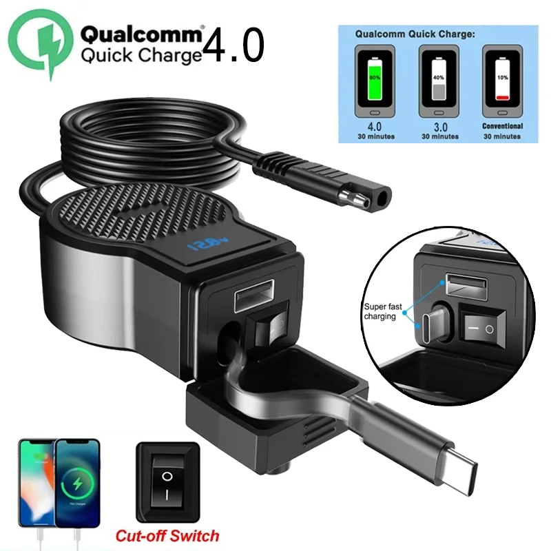 Novo Carregador de Telefone para Motocicleta PD+QC4.0 com Soquete USB Duplo para Guidão, 72W, à Prova d'Água, Adaptador de Fonte de Alimentação 12V com Interruptor e Voltímetro
