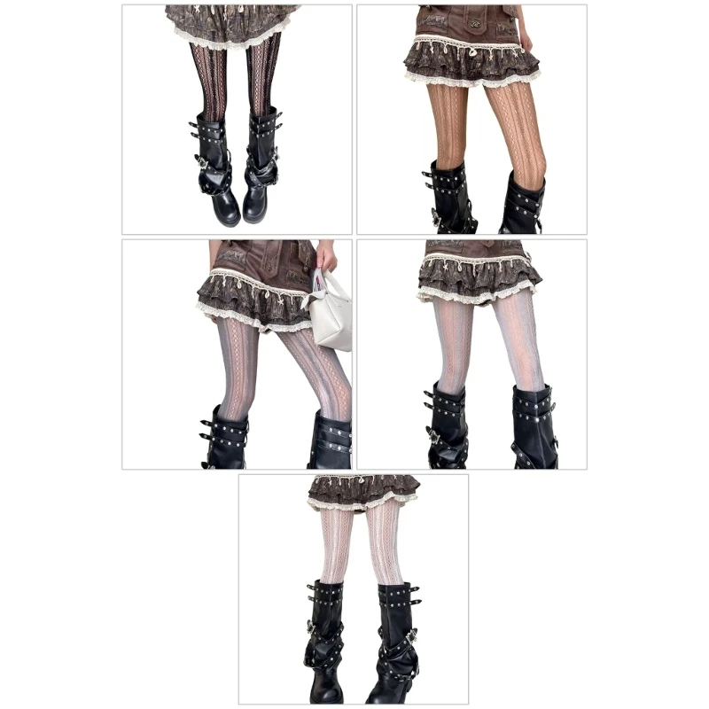 

Elegant Pantyhose for Women Vertical Striped Hollowout Patterned Sheer Mesh Tights Lace Stockings Hosiery